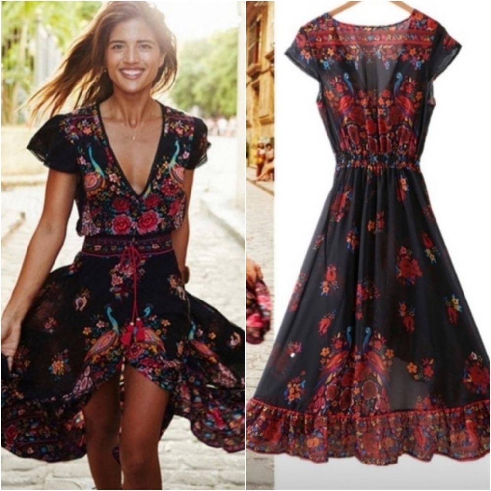 NWOT Floral Shirred Waist Tie Front Ruffle Hem Boho Sheer Dress Sz M - Picture 2 of 16